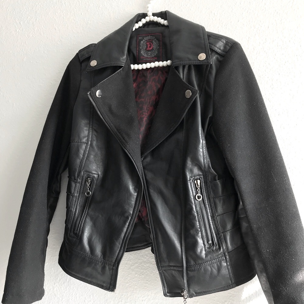 Dollhouse Black Vegan Leather Moto Jacket Size Small - Picture 3 of 7